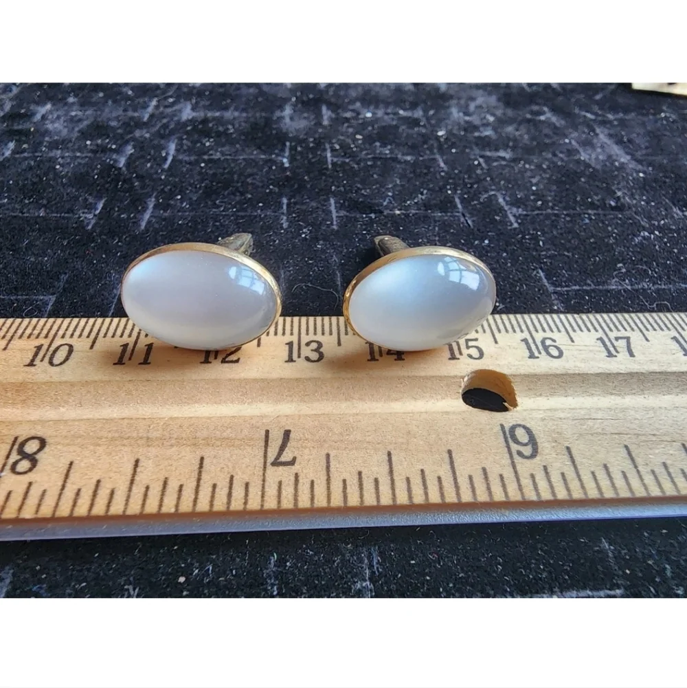 Vintage Cufflink Set Gold Tone White Glass Gem Used